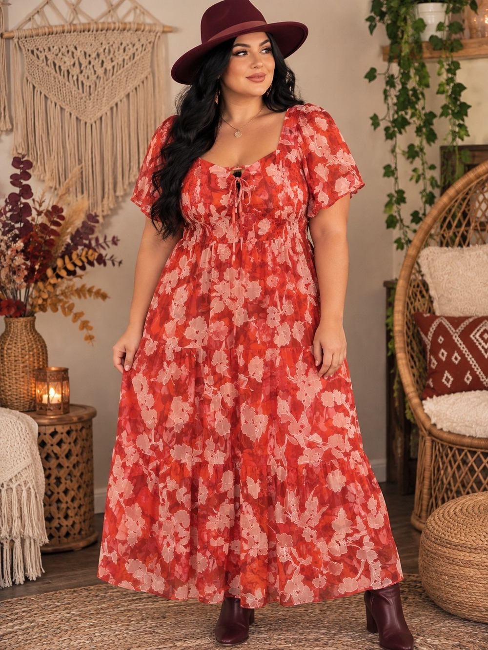 torrid Burnt Red Floral Tie-Front Maxi Dress